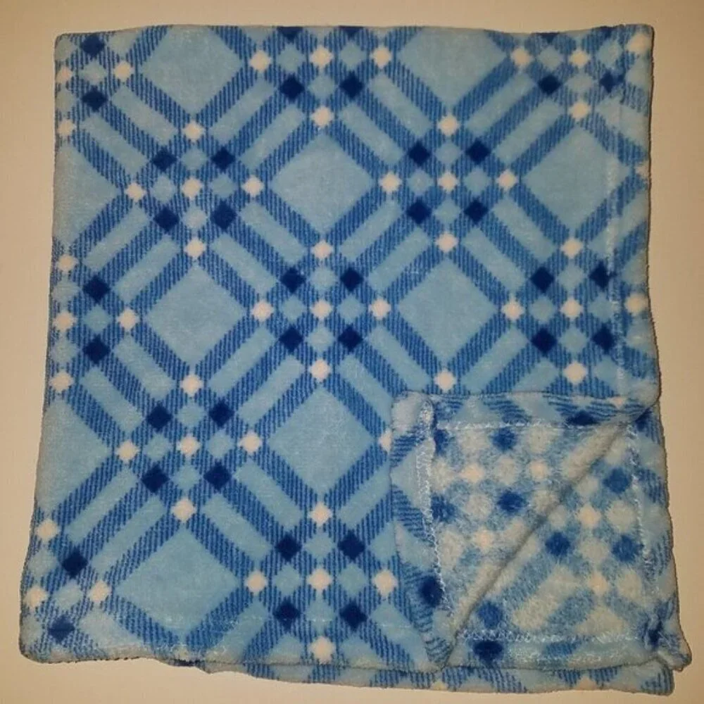 Blue White Plaid Fleece Baby Blanket Lovey Soft Square 28